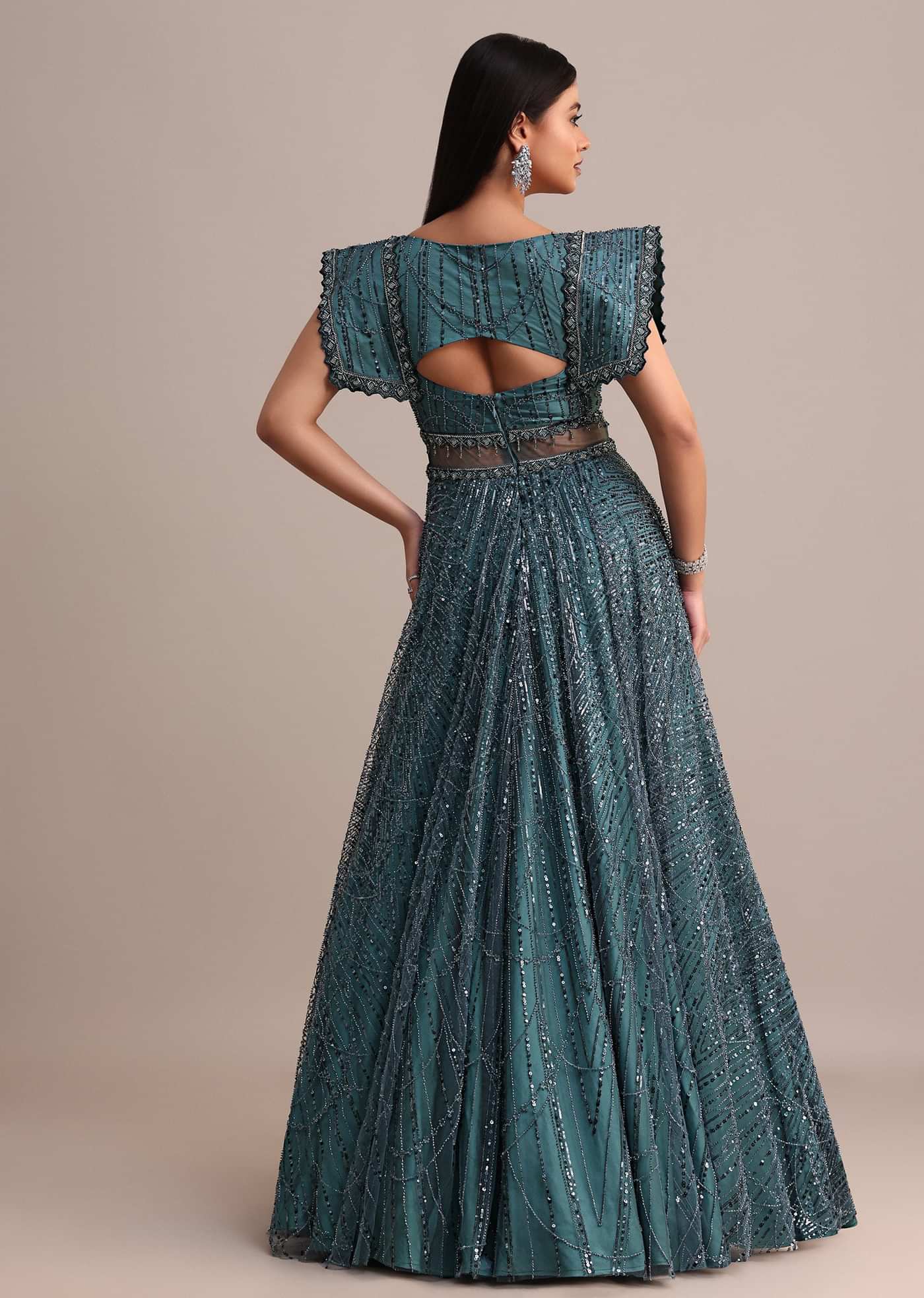 Poseidon Teal Circular Flared Gown With Fancy Sleeves
