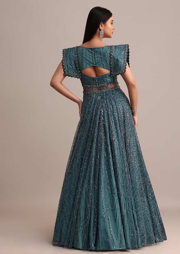 Poseidon Teal Circular Flared Gown With Fancy Sleeves