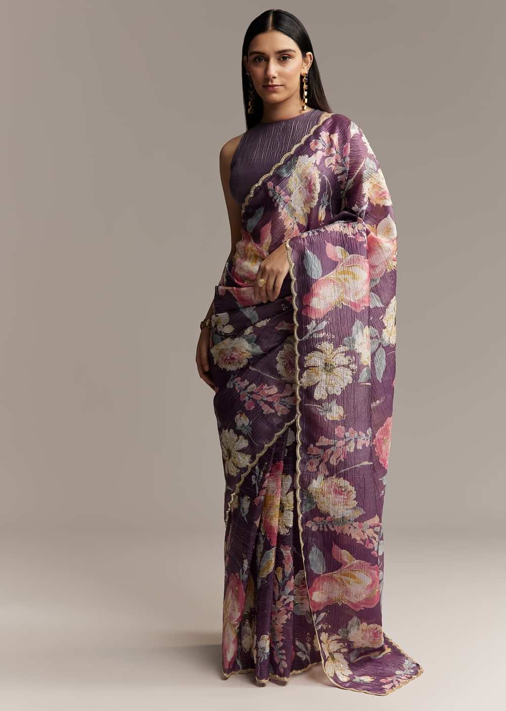 Purple Crush Tissue Saree With Floral Print And Embroidered Border