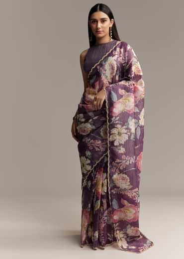 Purple Crush Tissue Saree With Floral Print And Embroidered Border