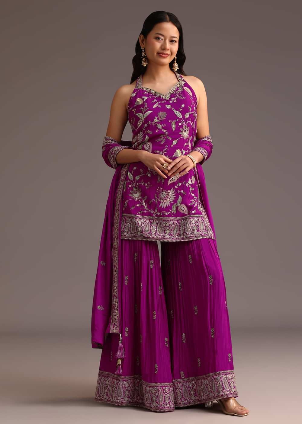 Purple Resham Work Sharara Set With Dupatta