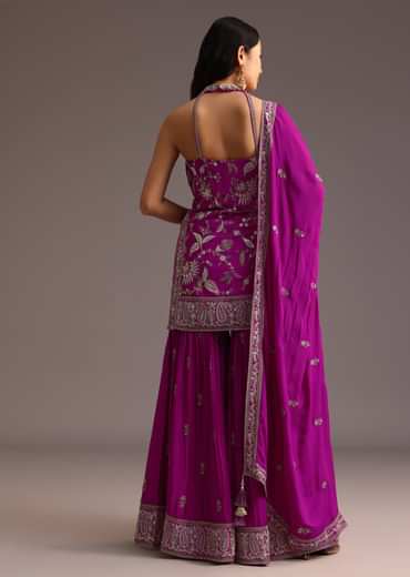 Purple Resham Work Sharara Set With Dupatta