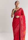 Red Dola Silk Saree With Traditional Floral Amd Jaal Work