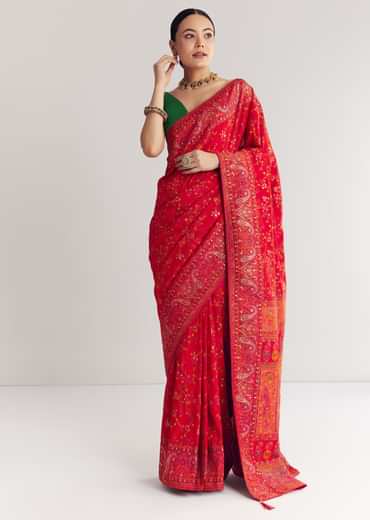Red Dola Silk Saree With Traditional Floral Amd Jaal Work