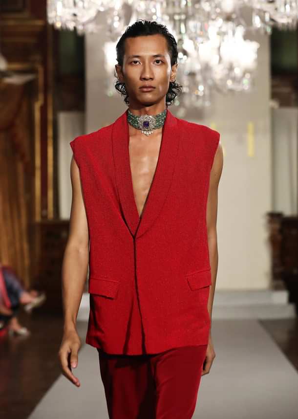 Red Tussar Indo Western Set For Men With Beaded Gilet