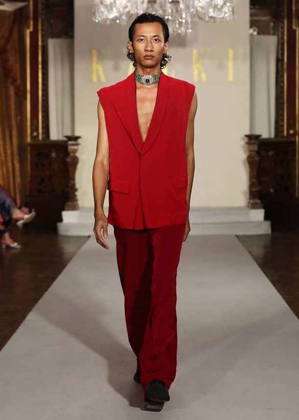 Red Tussar Indo Western Set For Men With Beaded Gilet