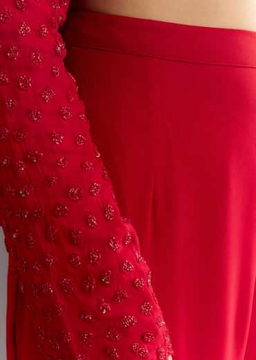 Red Georgette Beaded Kurta Sharara Suit