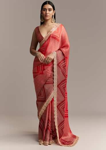 Red Ombre Satin Saree With Geometric Print And Gota Border