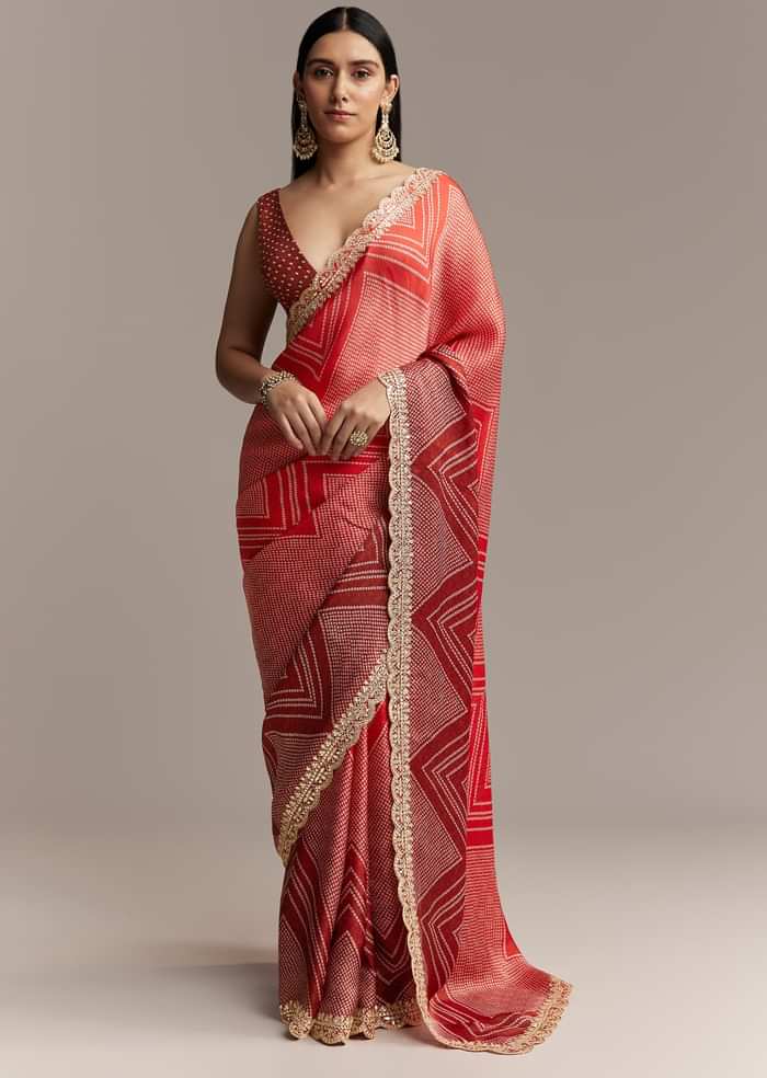 Red Ombre Satin Saree With Geometric Print And Gota Border