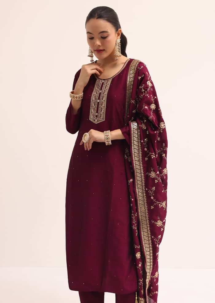 Red Silk Kurta Set With Dupatta
