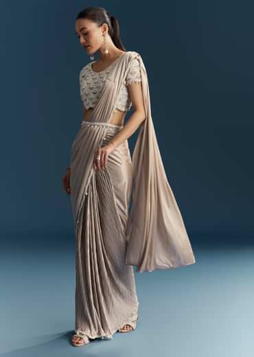 Rose Gold Ready Pleated Saree With Moti Work