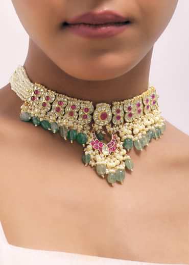 Ruby Stone Gold Finish Choker Set With Kundan Work In Mix Metal