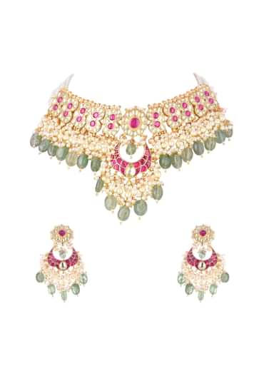 Ruby Stone Gold Finish Choker Set With Kundan Work In Mix Metal