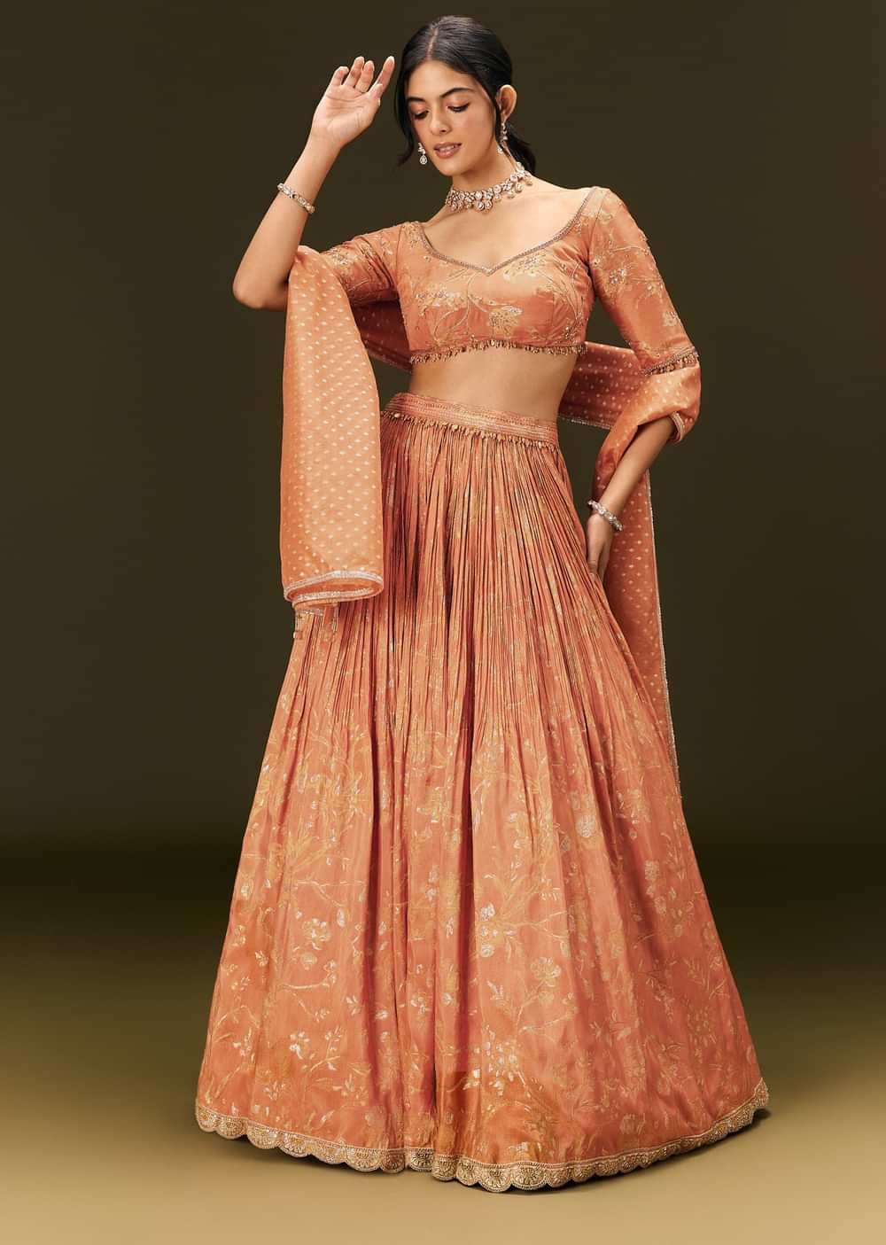 Rust Orange Tassel Embroidered Blouse With Lehenga And Dupatta