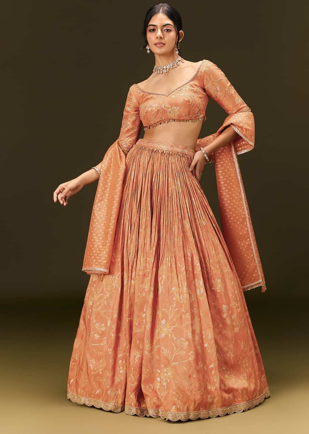 Rust Orange Tassel Embroidered Blouse With Lehenga And Dupatta