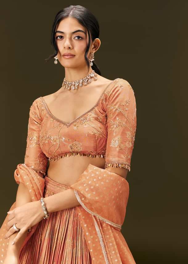 Rust Orange Tassel Embroidered Blouse With Lehenga And Dupatta