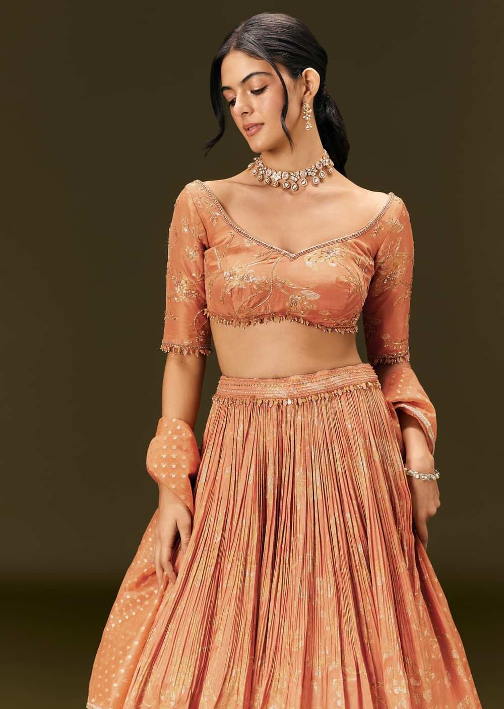 Rust Orange Tassel Embroidered Blouse With Lehenga And Dupatta