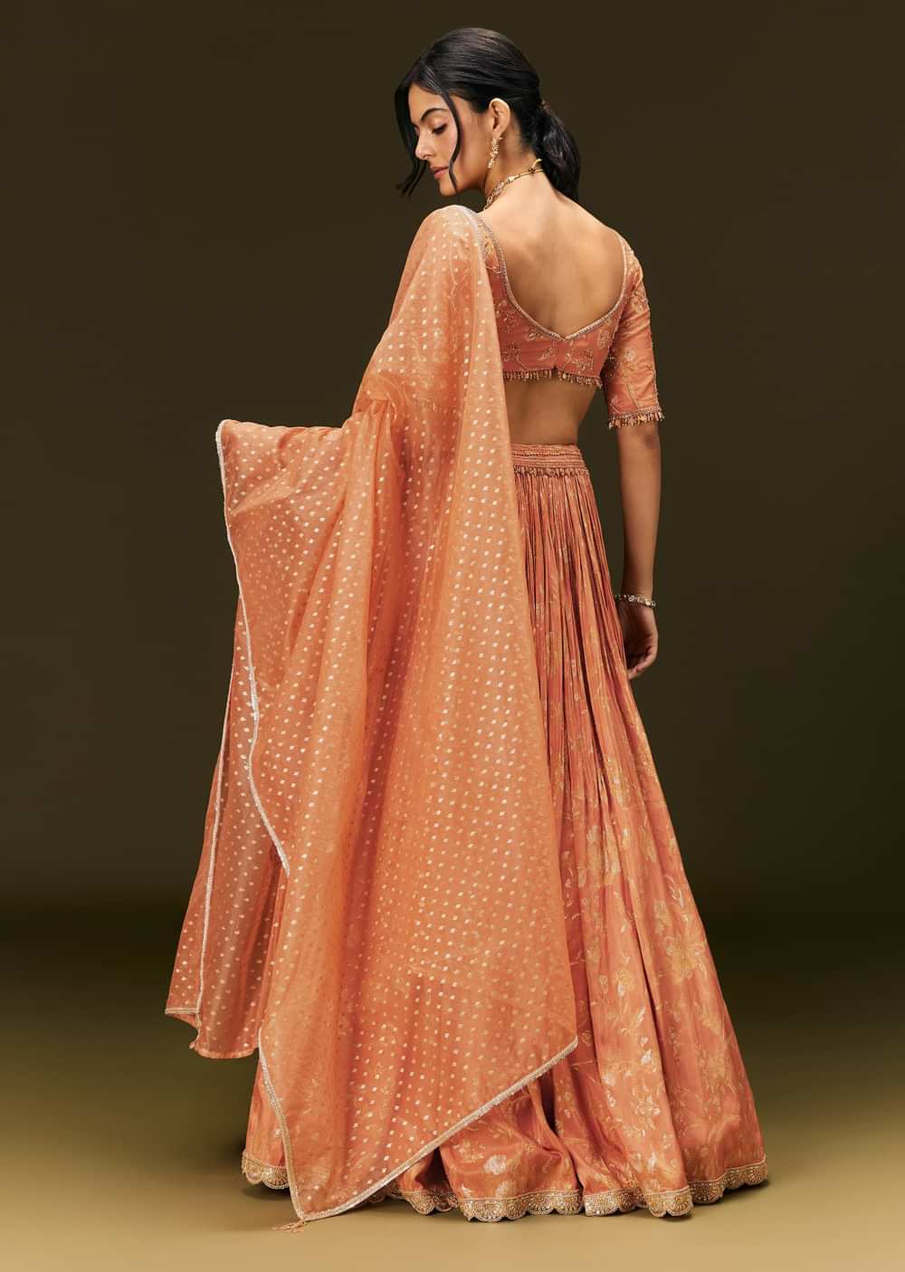 Rust Orange Tassel Embroidered Blouse With Lehenga And Dupatta