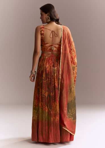 Rust Orange Tissue Lehenga Choli With Floral Print