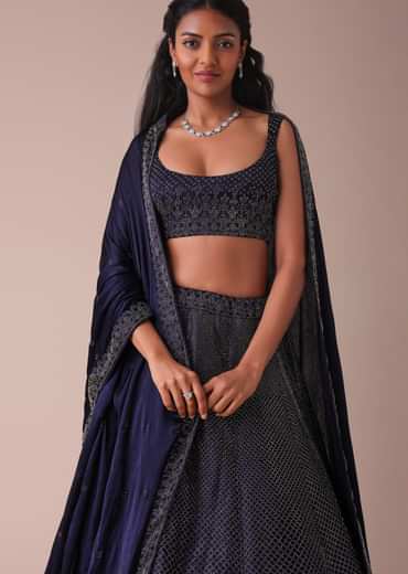 Navy Blue Wrinkle Satin Lehenga With Swarovski Crystals