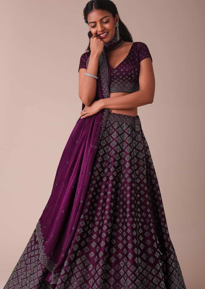 Plum Purple Swarovski Embellished Lehenga In Wrinkle Satin