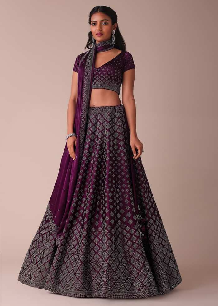 Plum Purple Swarovski Embellished Lehenga In Wrinkle Satin