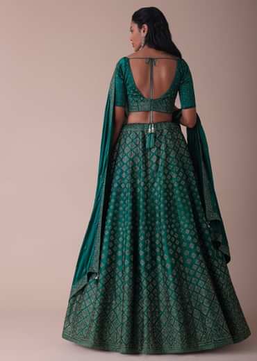 Deep Green Swarovski Embellished Lehenga In Wrinkle Satin