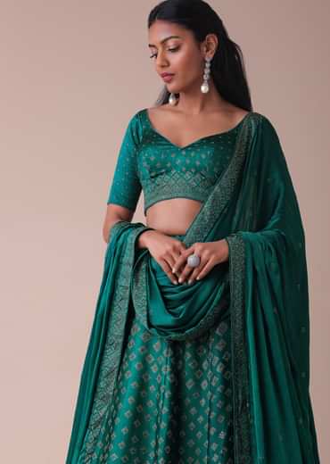 Deep Green Swarovski Embellished Lehenga In Wrinkle Satin