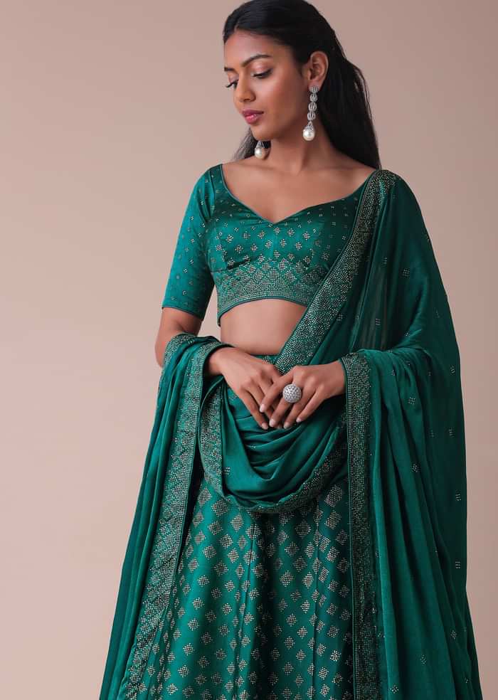 Deep Green Swarovski Embellished Lehenga In Wrinkle Satin