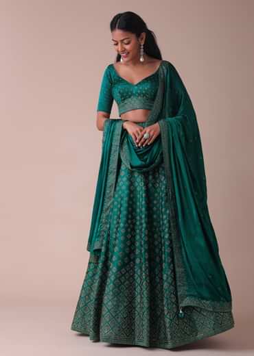Deep Green Swarovski Embellished Lehenga In Wrinkle Satin