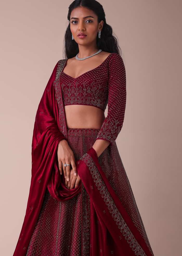 Maroon Red Wrinkle Satin Lehenga With Swarovski Crystals