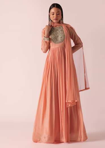 Peach Chiffon Embroidered Anarkali With Dupatta