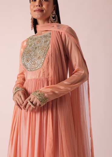 Peach Chiffon Embroidered Anarkali With Dupatta