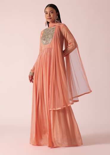 Peach Chiffon Embroidered Anarkali With Dupatta