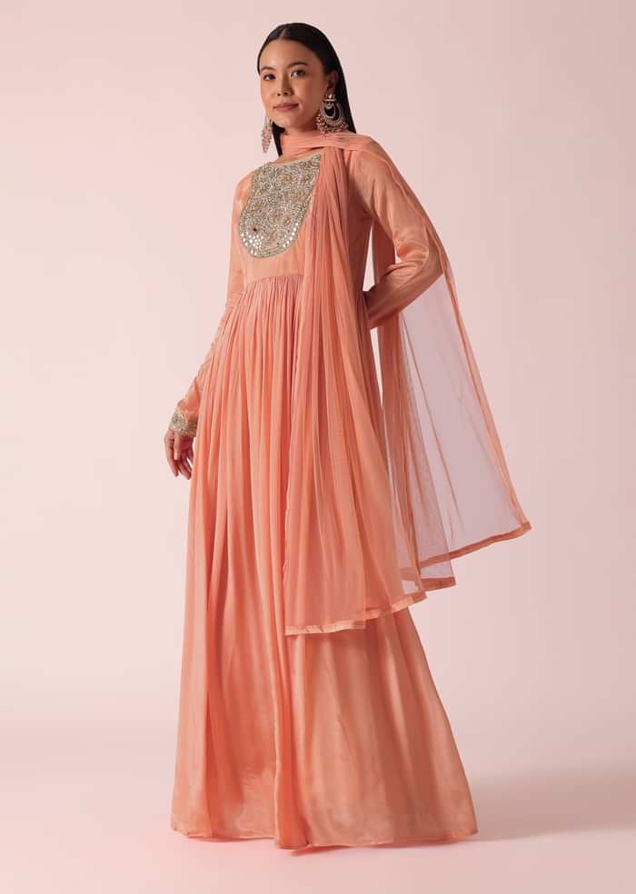 Peach Chiffon Embroidered Anarkali With Dupatta