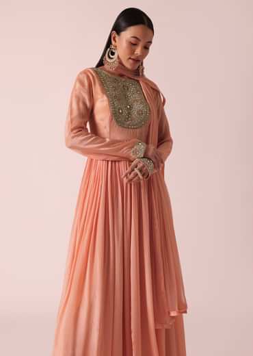 Peach Chiffon Embroidered Anarkali With Dupatta