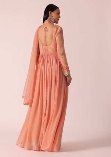 Peach Chiffon Embroidered Anarkali With Dupatta