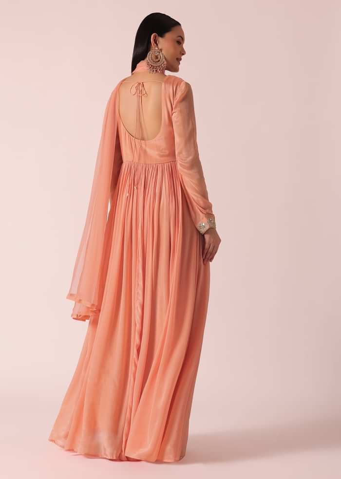 Peach Chiffon Embroidered Anarkali With Dupatta
