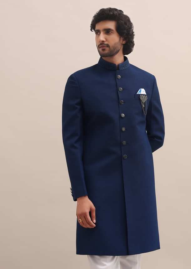 Blue Sherwani With Moti Embroidered Collar For Men