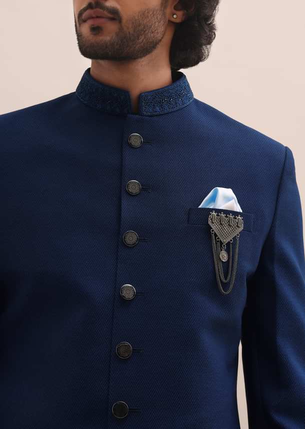 Blue Sherwani With Moti Embroidered Collar For Men