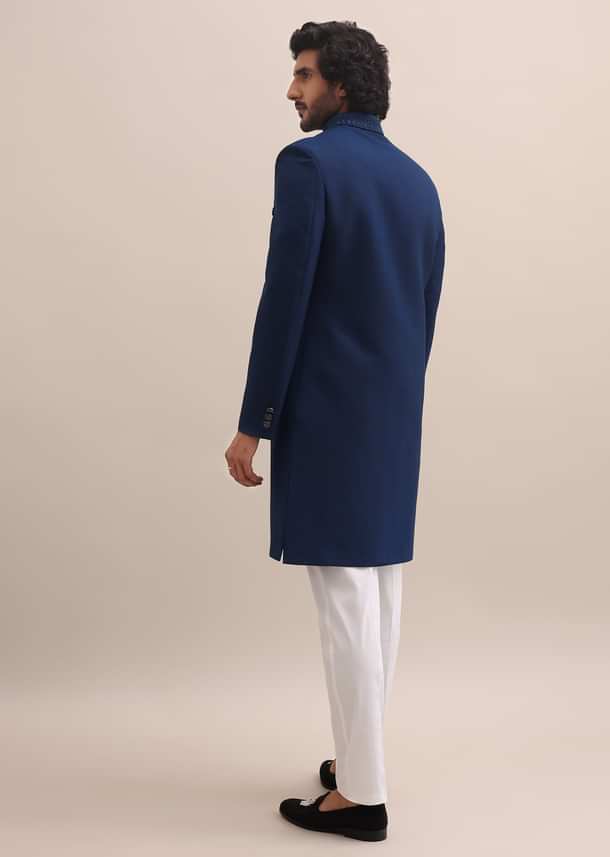 Blue Sherwani With Moti Embroidered Collar For Men