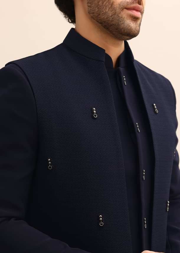 Blue Jacquard 3 Pc Bandhgala Jodhpuri Suit Blue Jacquard 3 Pc Bandhgala Jodhpuri Suit