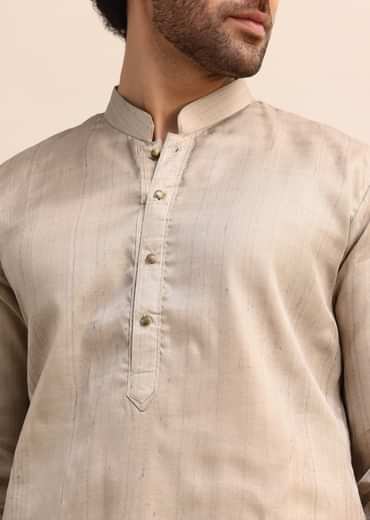 Beige Tussar Silk Plain Kurta Pyjama For Men