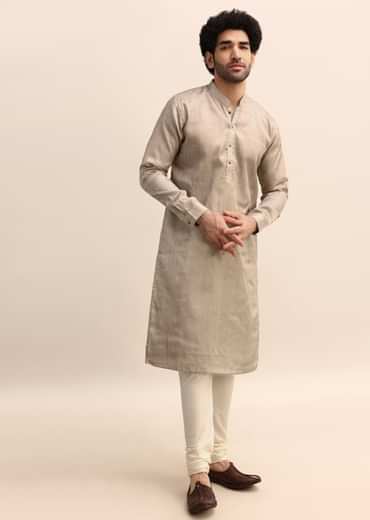 Beige Tussar Silk Plain Kurta Pyjama For Men