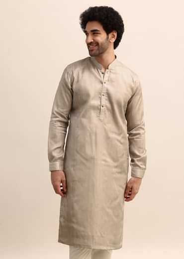 Beige Tussar Silk Plain Kurta Pyjama For Men