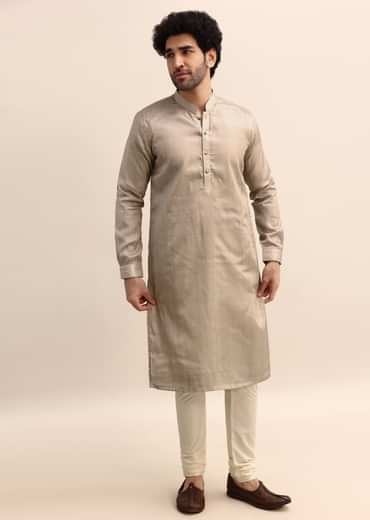 Beige Tussar Silk Plain Kurta Pyjama For Men