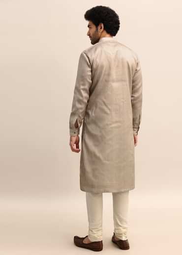 Beige Tussar Silk Plain Kurta Pyjama For Men