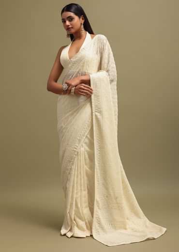 Off White Georgette Saree In Chikankari Work With Unstitched Blouse