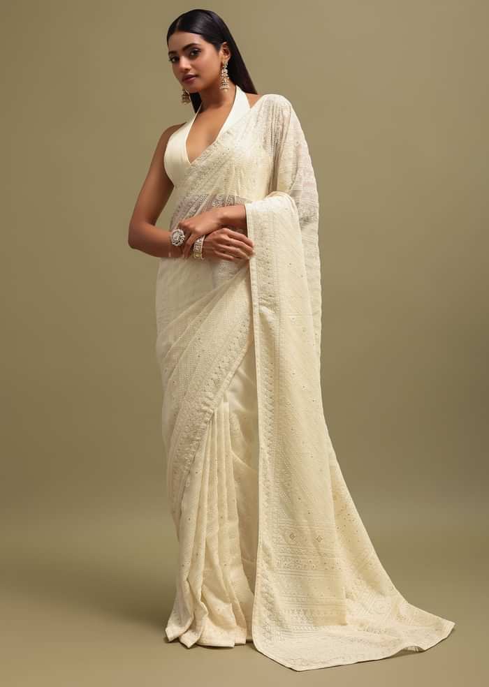 Off White Georgette Saree In Chikankari Work With Unstitched Blouse