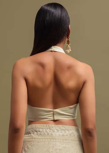 Off White Georgette Saree In Chikankari Work With Unstitched Blouse